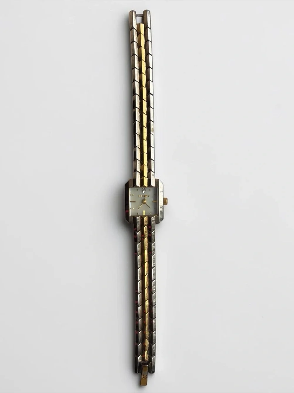 Vintage Elgin Two Tone Gold & Silver Square Face Ladies Watch Pearl Face